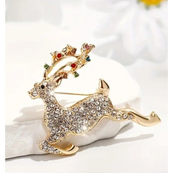 Gold Reindeer Long Antlers w/ Green Red & Clear Rhinestones Pin Brooch - Picture 1 of 6